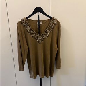 Coldwater Creek Embellished Brown 3/4 Sleeve Top